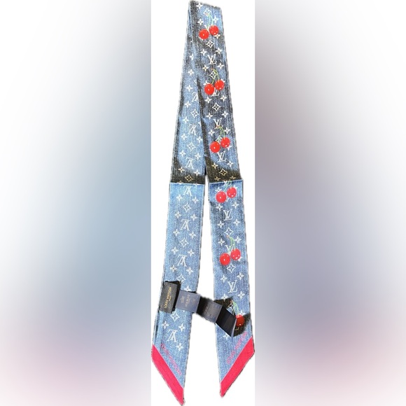 LV x Takashi Murakami Denim Monogram Cerise Silk Bandeau - Picture 1 of 4